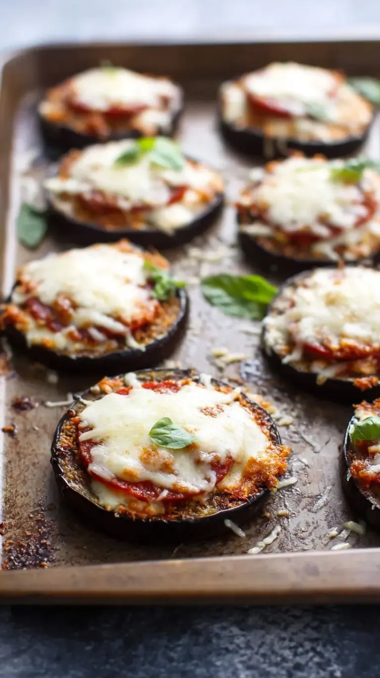 Golden roasted eggplant slices topped with melted mozzarella, marinara sauce, and mini pepperoni on a baking sheet.