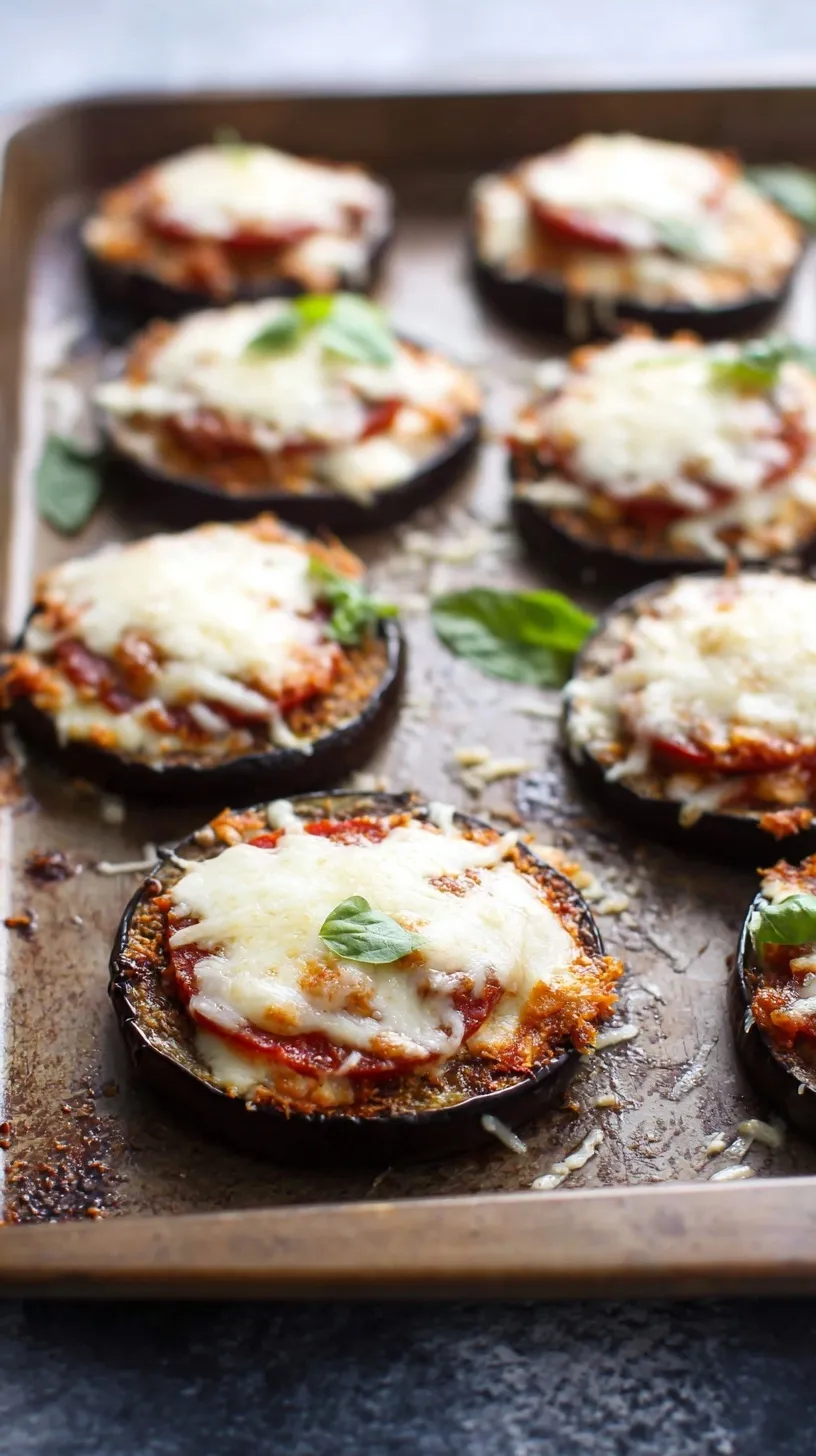 Golden roasted eggplant slices topped with melted mozzarella, marinara sauce, and mini pepperoni on a baking sheet.