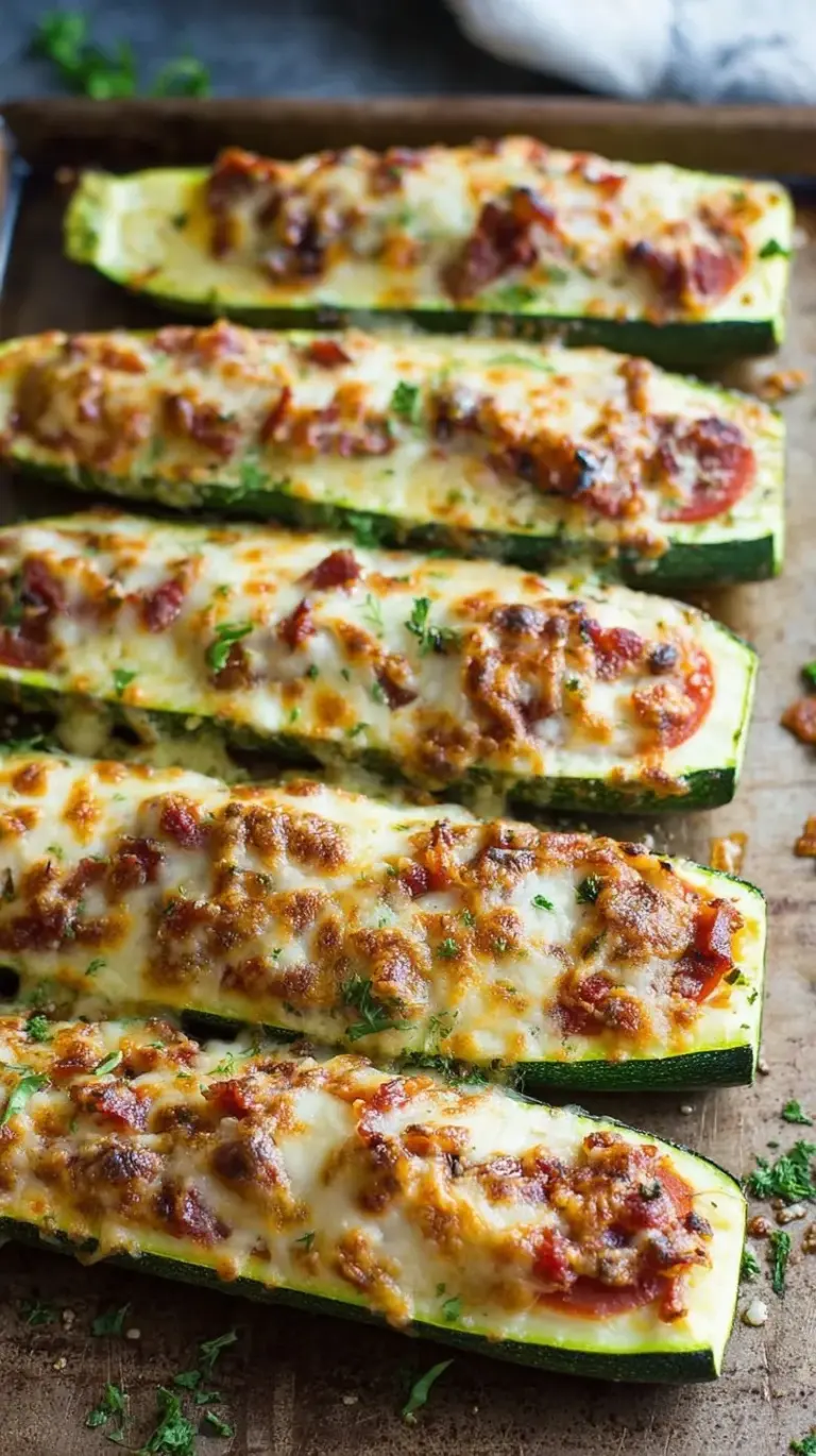 Cheesy zucchini pizza boats topped with mini pepperoni and herbs on a baking sheet