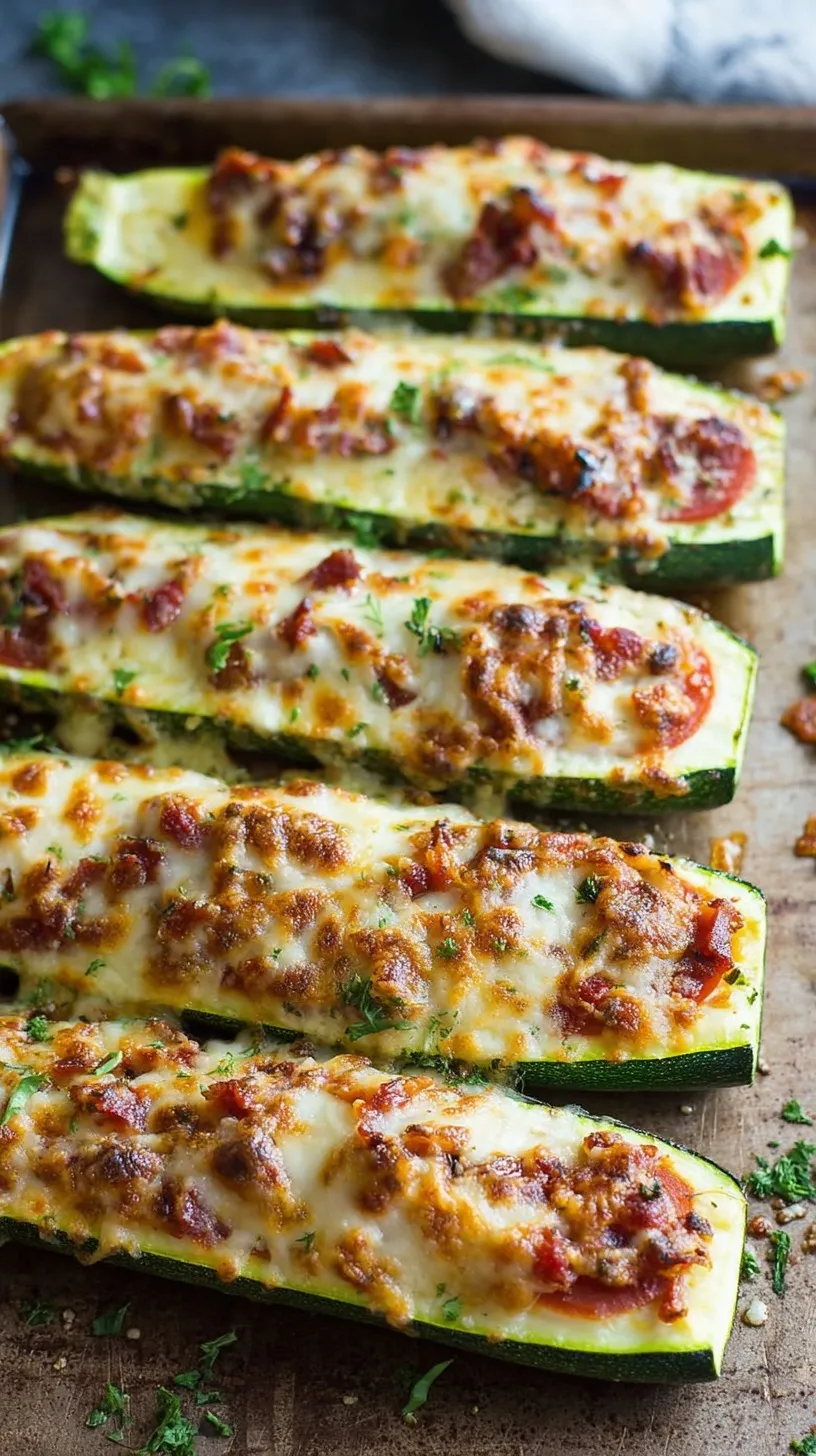 Cheesy zucchini pizza boats topped with mini pepperoni and herbs on a baking sheet