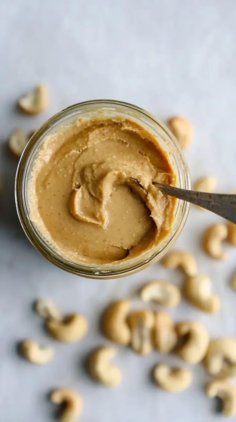 Jar of creamy macadamia cashew butter with nuts scattered around it