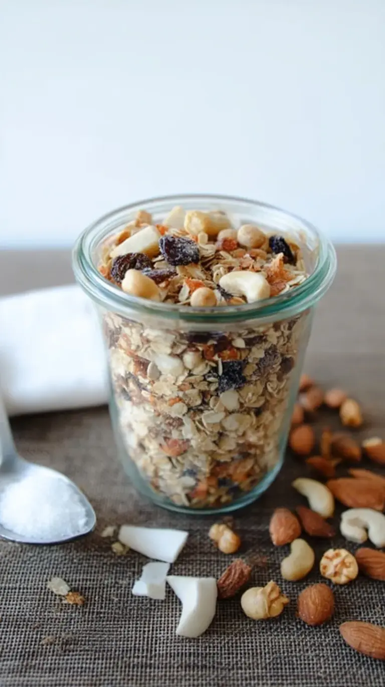 A glass jar filled with grain-free paleo macadamia muesli featuring seeds and coconut flakes