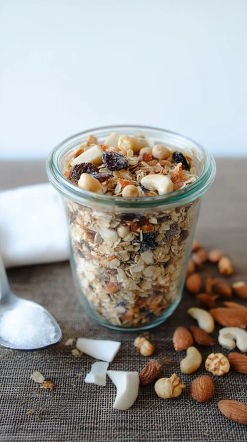 A glass jar filled with grain-free paleo macadamia muesli featuring seeds and coconut flakes