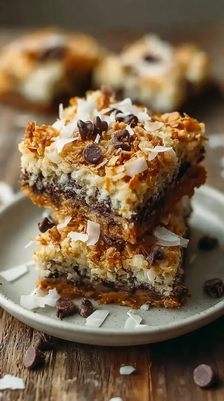 A tray of sliced magic cookie bars with layers of chocolate, coconut, and nuts