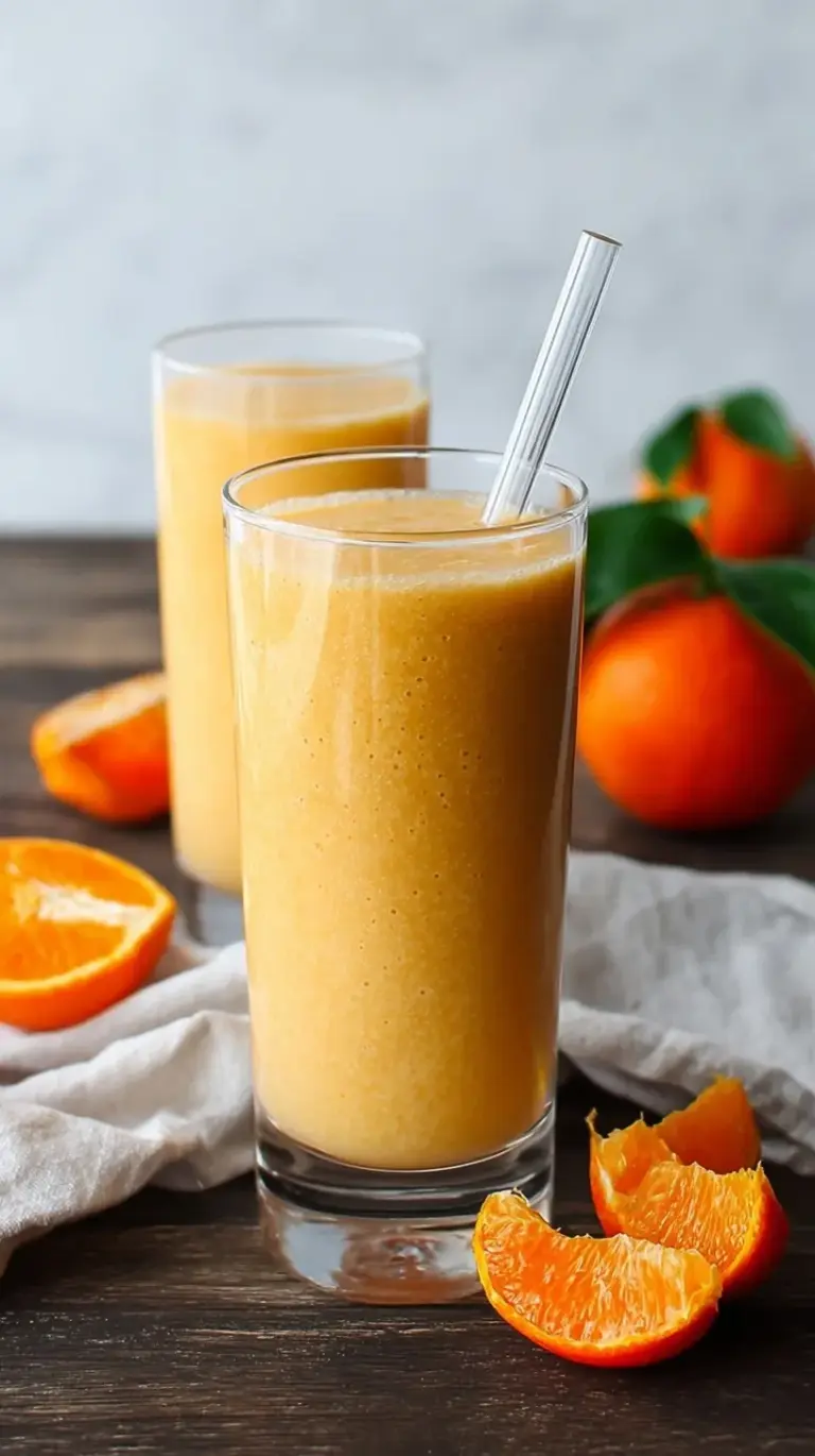 A creamy orange mandarin breakfast smoothie in a tall glass with fresh orange segments on top.