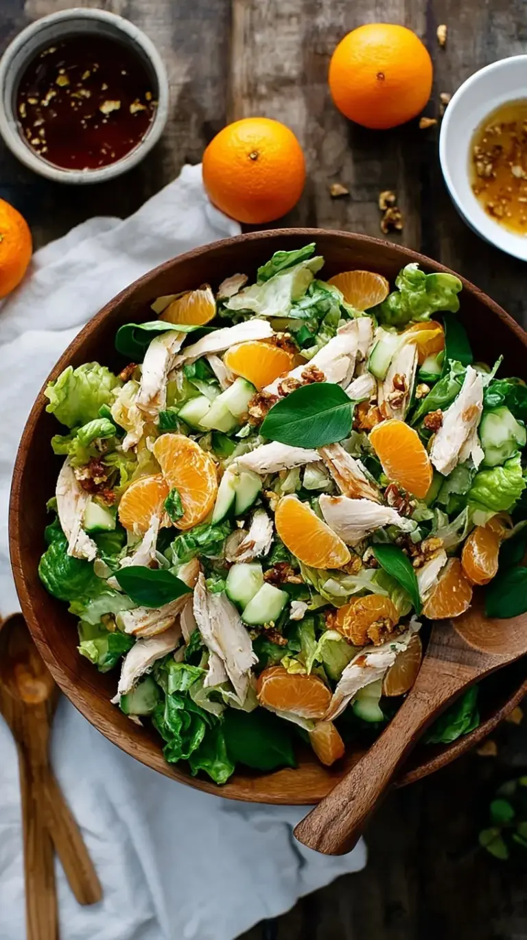 A vibrant bowl of Mandarin Chicken Salad with crisp lettuce, shredded chicken, mandarin oranges, and a sprinkle of sesame seeds.