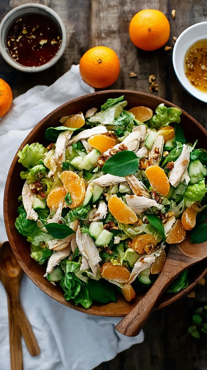 A vibrant bowl of Mandarin Chicken Salad with crisp lettuce, shredded chicken, mandarin oranges, and a sprinkle of sesame seeds.