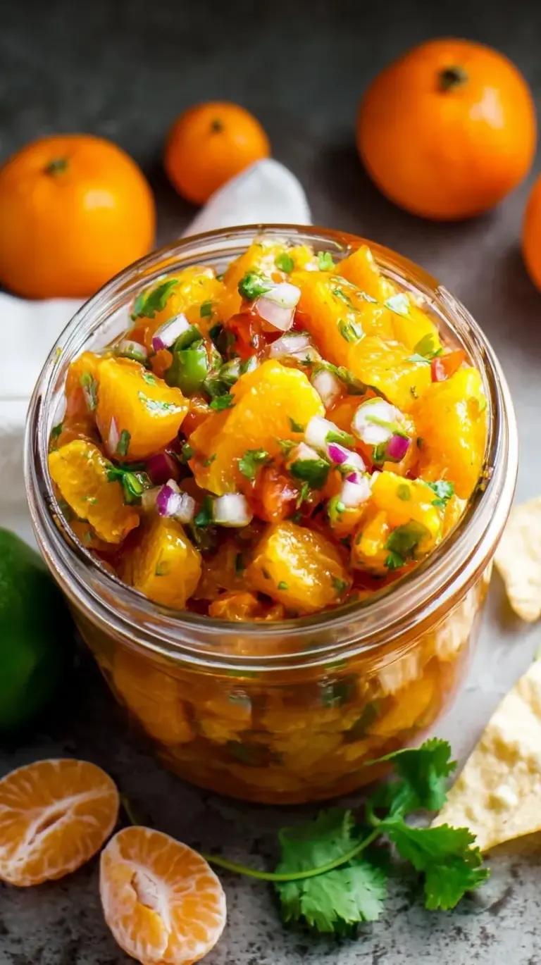 A bowl of bright Mandarin orange salsa with red onion and cilantro