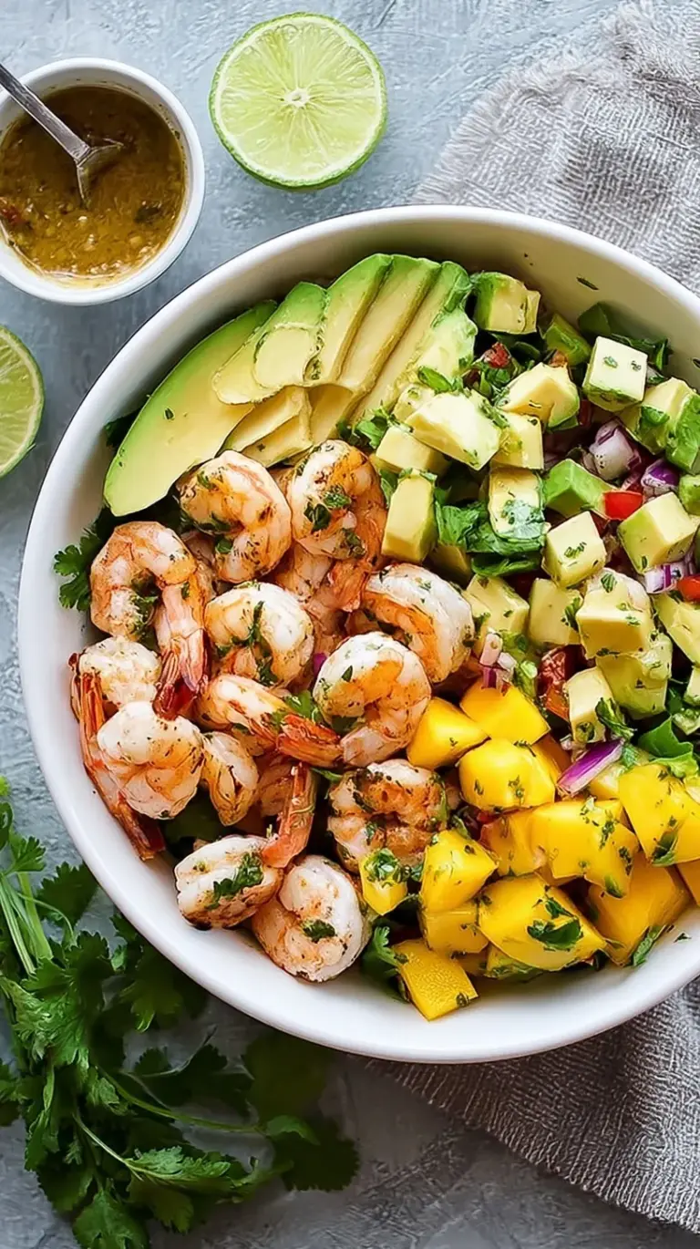 A colorful bowl of Mango Avocado Shrimp Salad with fresh cilantro and lime wedges on a light background.