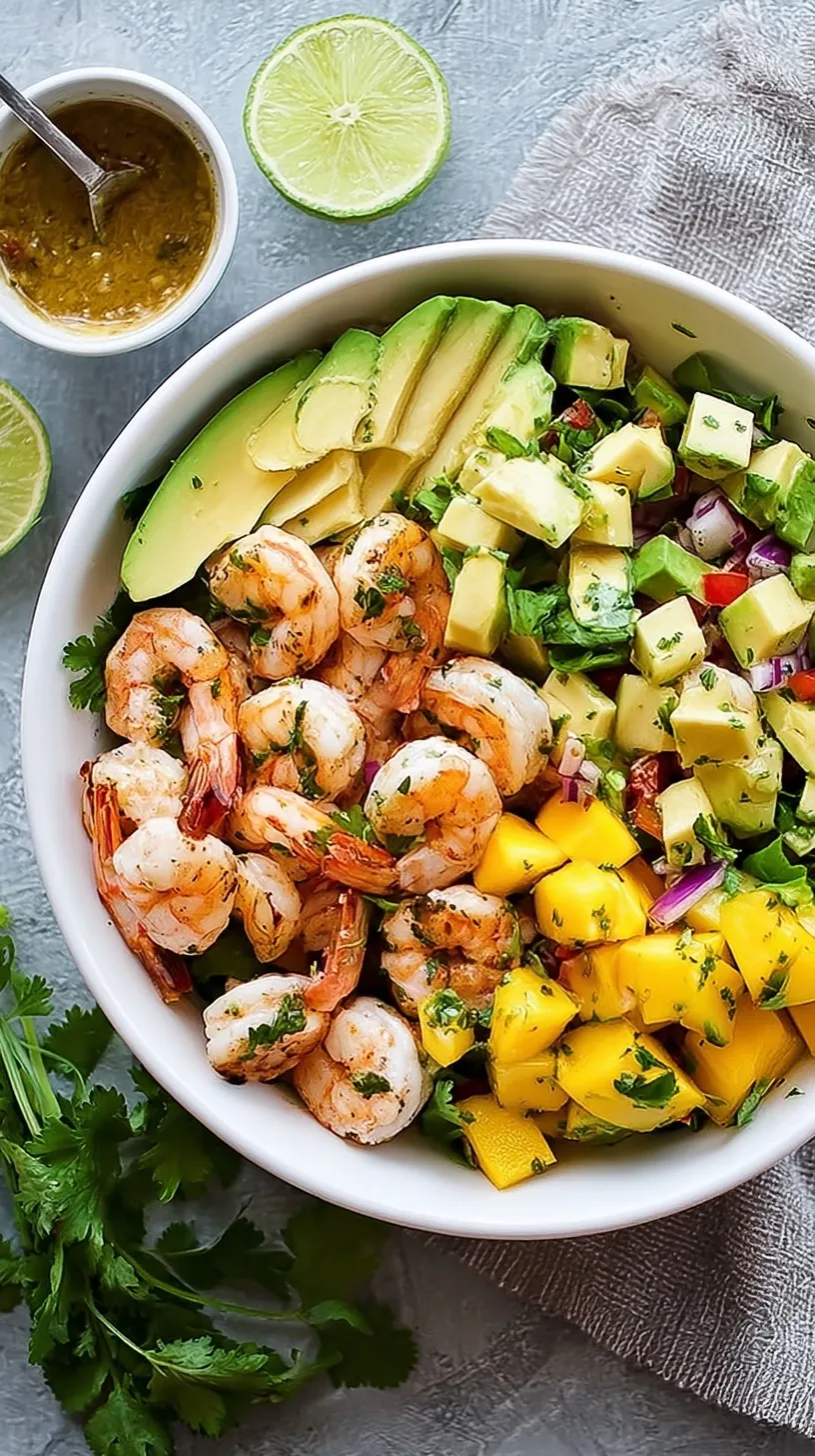 A colorful bowl of Mango Avocado Shrimp Salad with fresh cilantro and lime wedges on a light background.