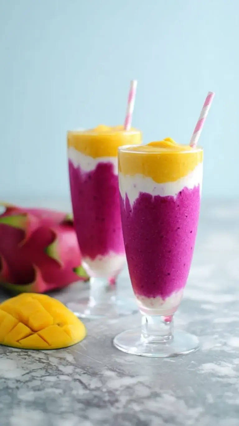 A bright pink tropical dragon fruit smoothie in a tall glass with coconut flakes on top.