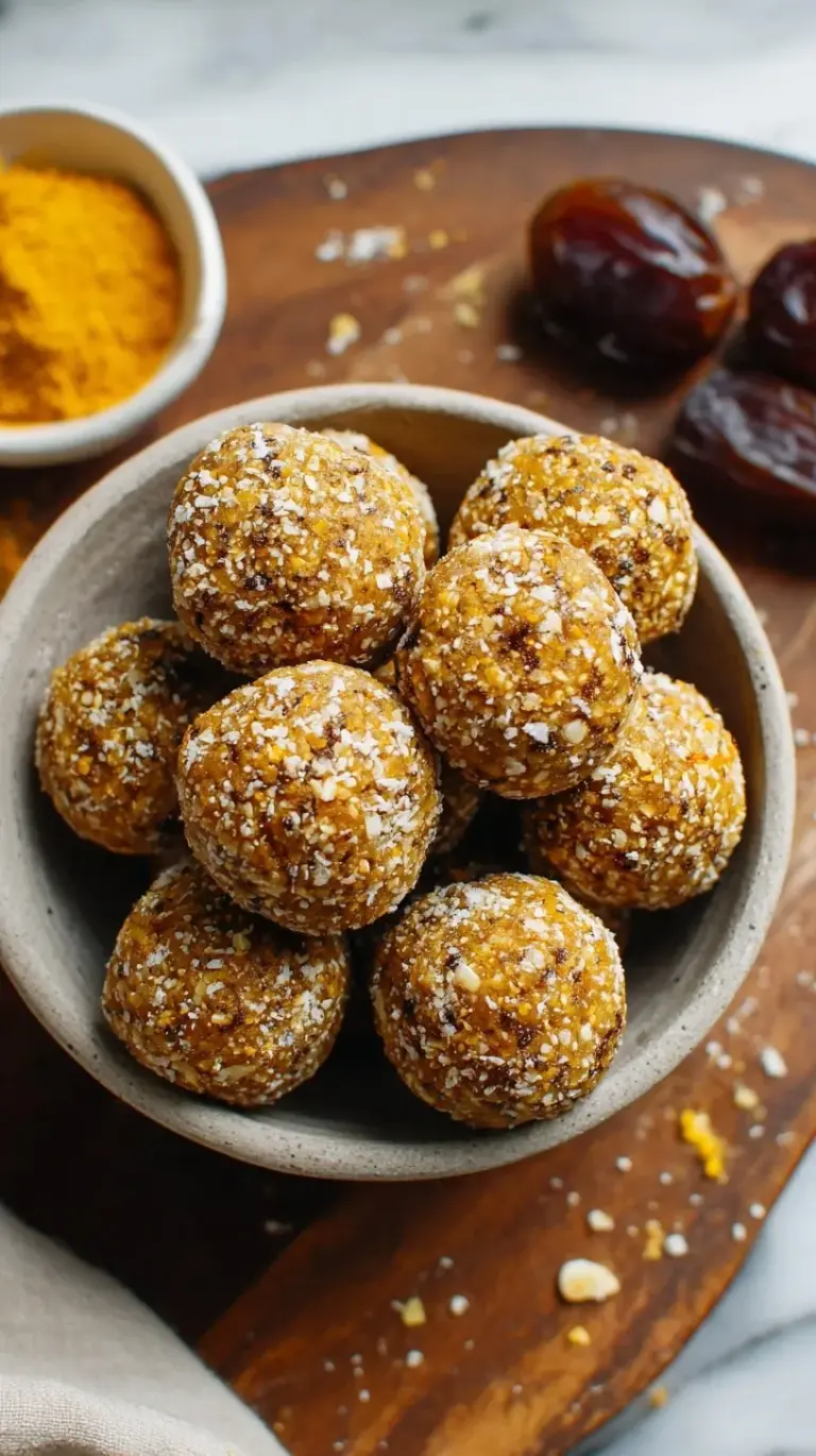 A plate of golden Mango Date Energy Balls coated in white shredded coconut