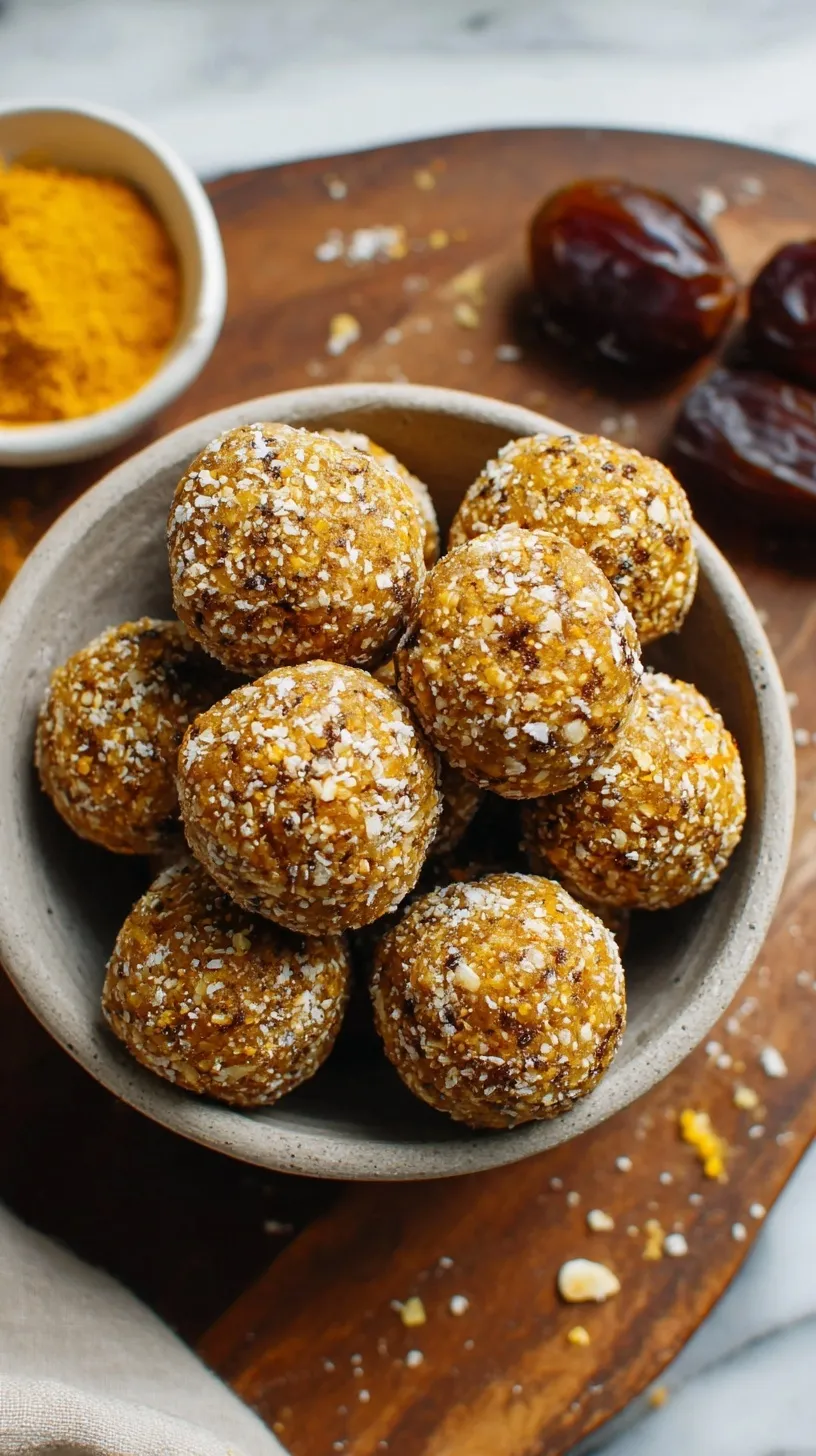 A plate of golden Mango Date Energy Balls coated in white shredded coconut