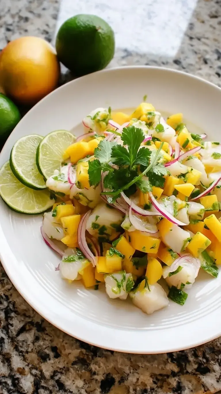 A close-up of vibrant Mango Halibut Ceviche served in a bowl with tortilla chips and fresh cilantro garnish.