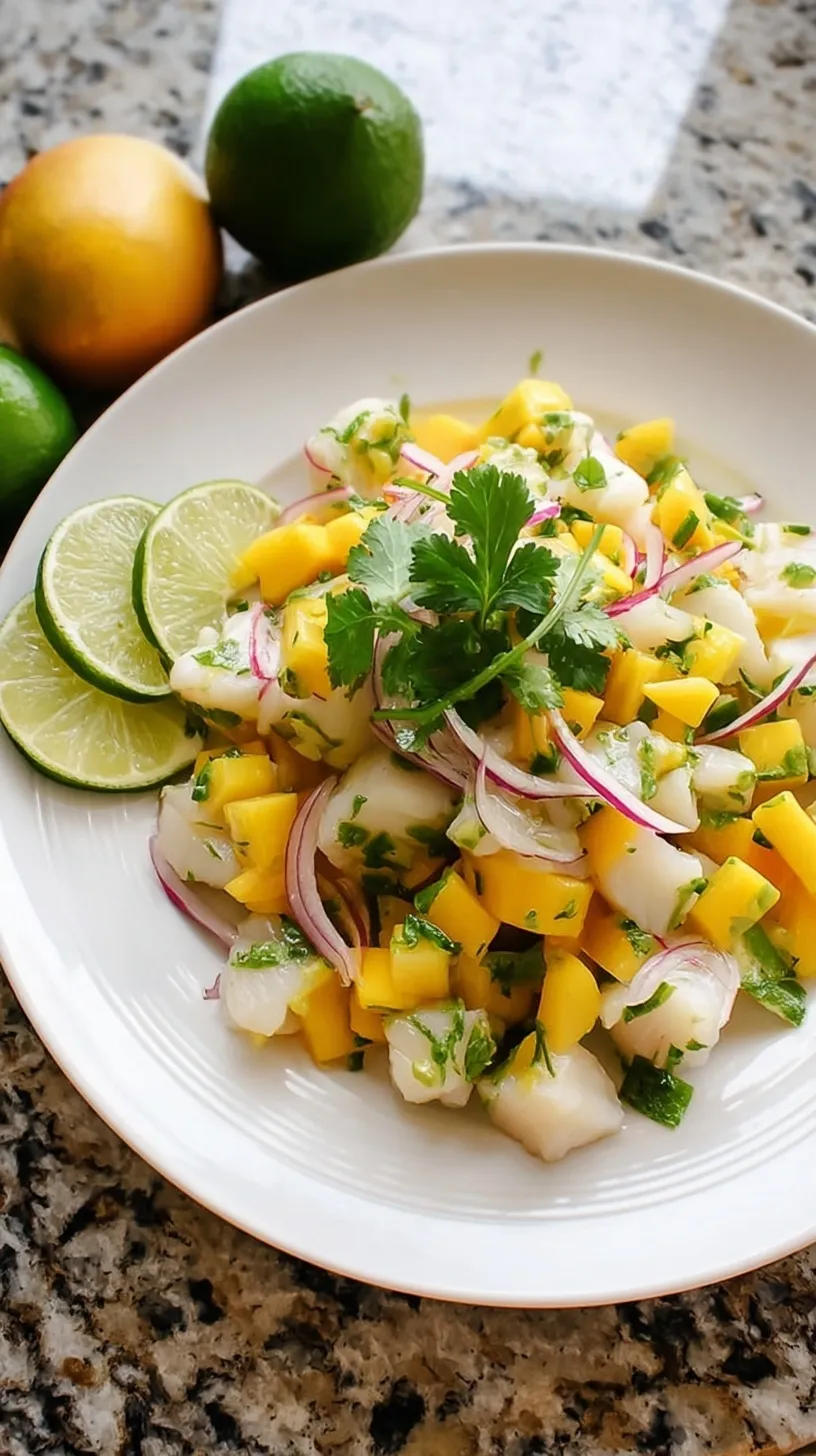 A close-up of vibrant Mango Halibut Ceviche served in a bowl with tortilla chips and fresh cilantro garnish.