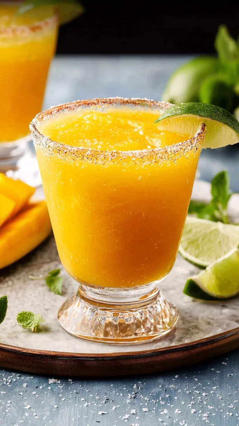 A vibrant golden Mango Margarita in a salt-rimmed glass, garnished with a fresh mango slice and lime wedge.
