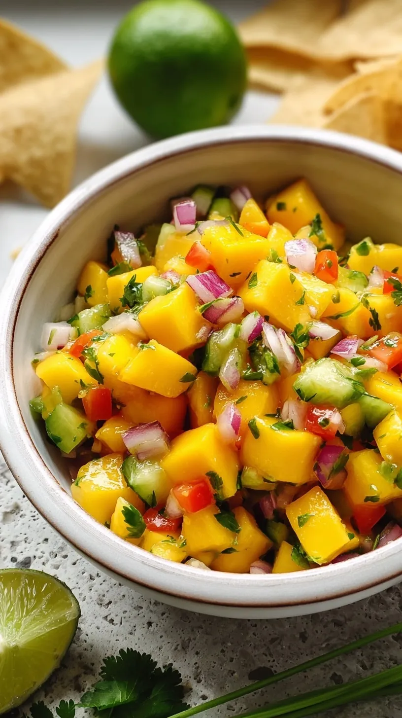 A vibrant bowl of fresh mango salsa with diced mango, red onion, cilantro, and jalapeño, ready to be served with tortilla chips.