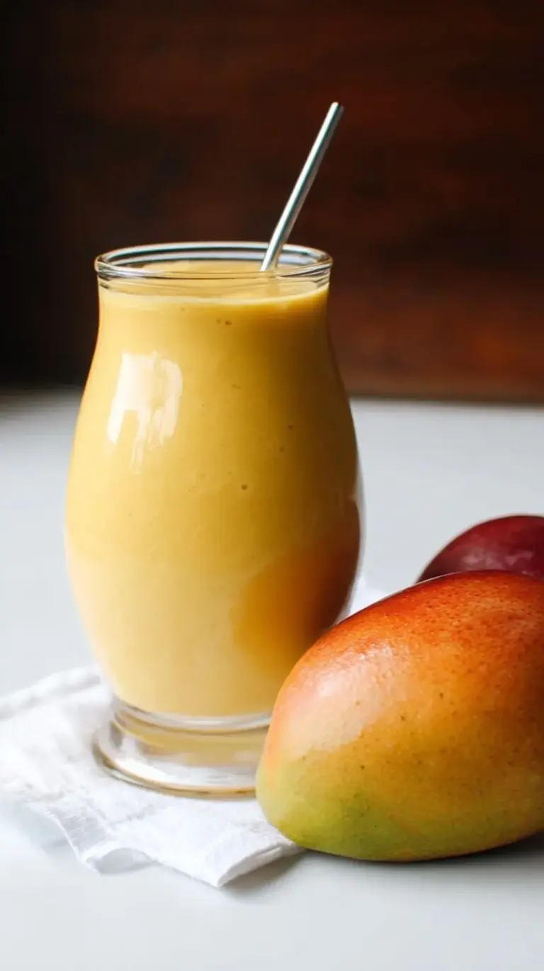 A vibrant yellow mango smoothie in a chilled glass with a sprig of mint on top.