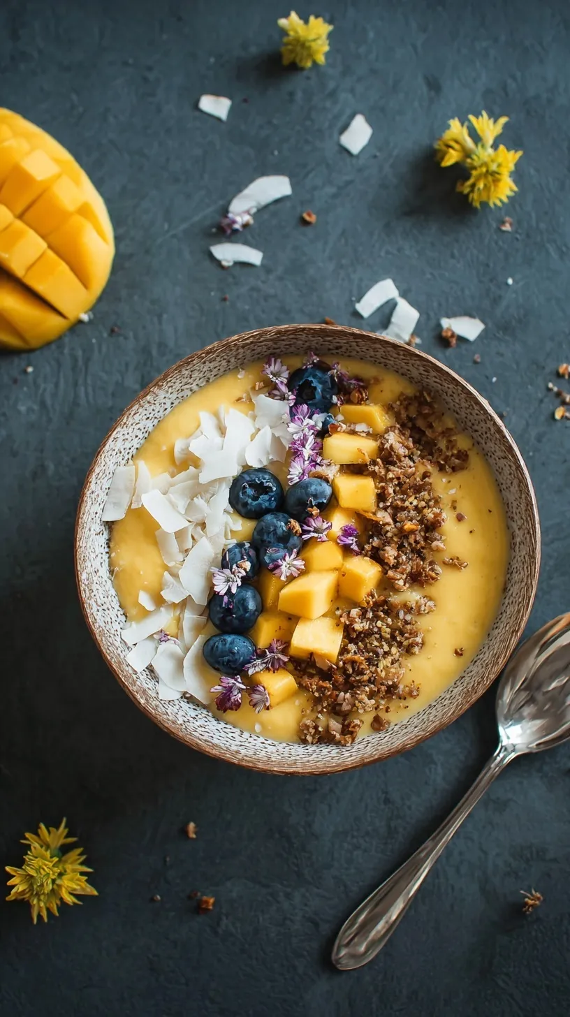 A vibrant golden mango smoothie bowl topped with fresh mango, coconut flakes, and chia seeds on a light wooden background.