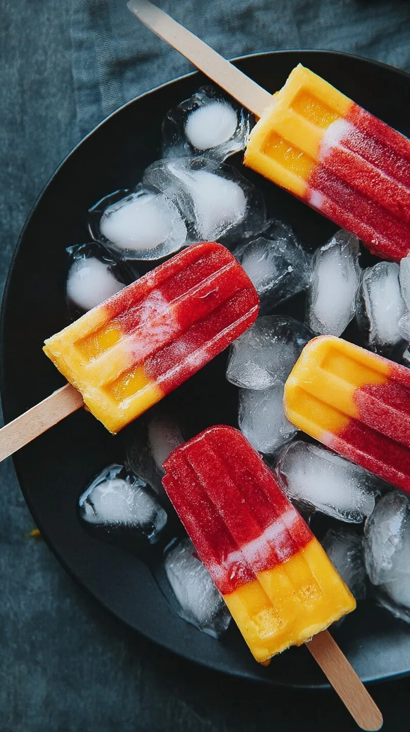 Two-toned yellow and red mango strawberry popsicles on a cooling rack with fresh fruit slices nearby.
