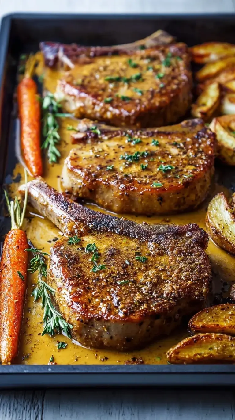Golden brown Maple Dijon Baked Pork Chops glazed with herbs in a baking dish.