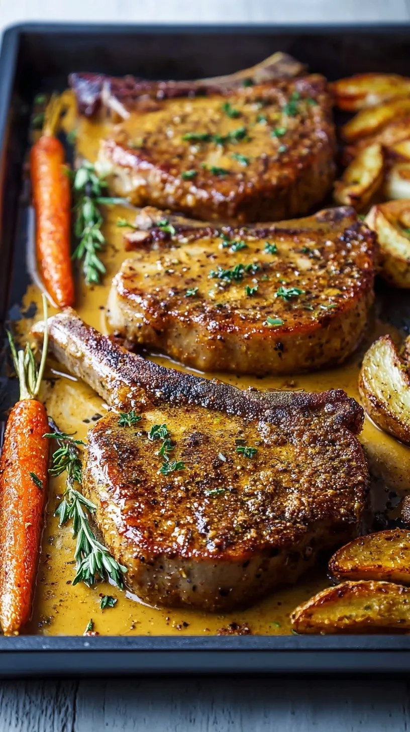 Golden brown Maple Dijon Baked Pork Chops glazed with herbs in a baking dish.