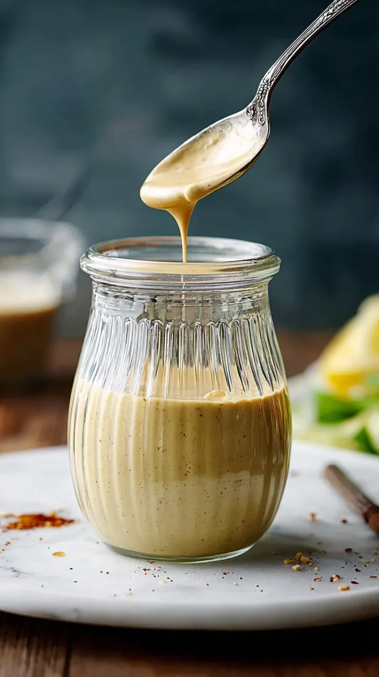Maple Mustard Tahini Dressing in a glass jar with a spoon, drizzled over a fresh salad