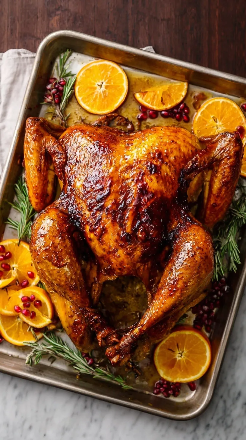 A beautifully golden brown Maple Orange Glazed Spatchcock Turkey, garnished with fresh herbs and orange slices, ready for carving.