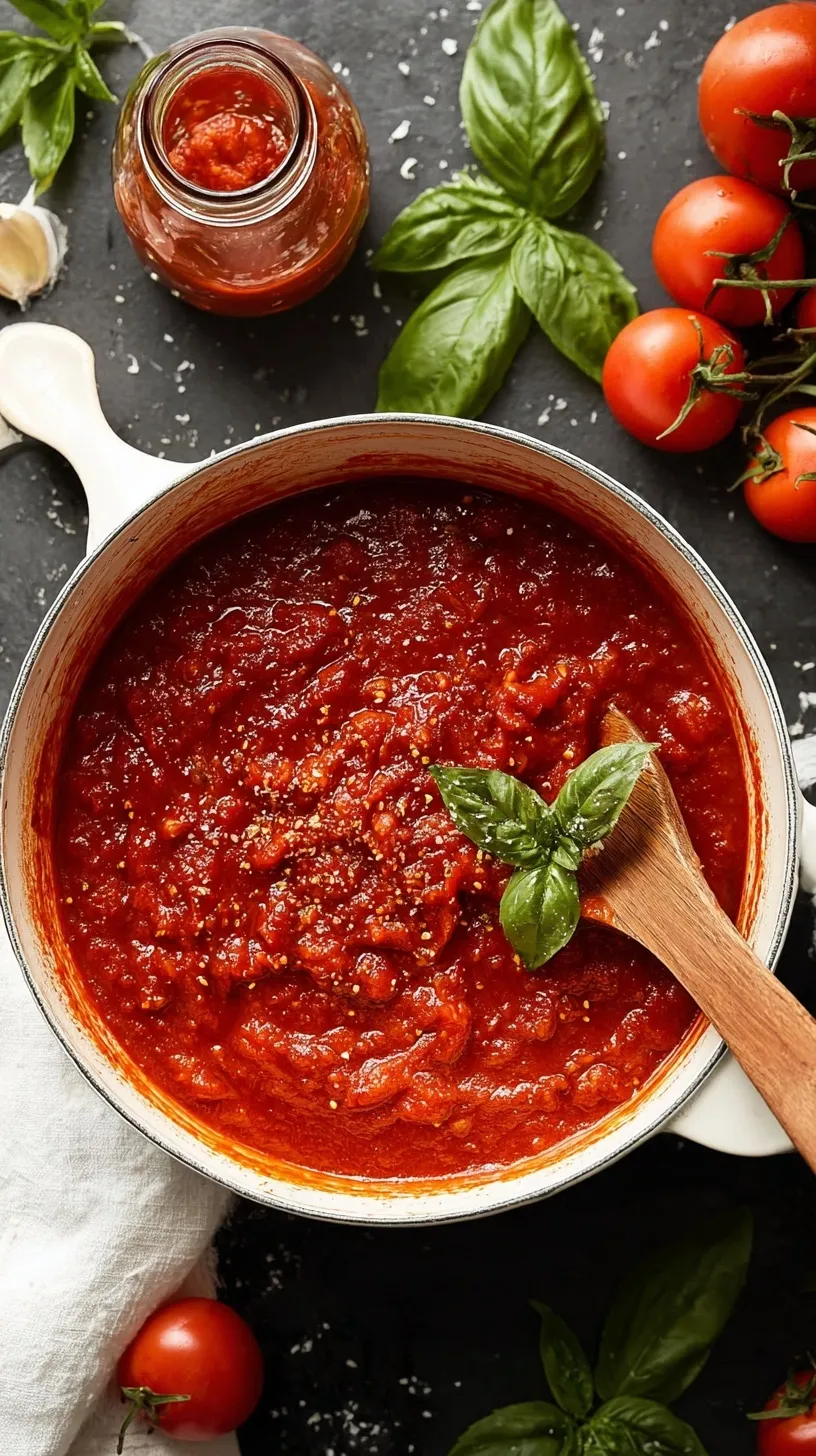 A vibrant bowl of homemade marinara sauce, garnished with fresh basil, ready to be served with pasta.