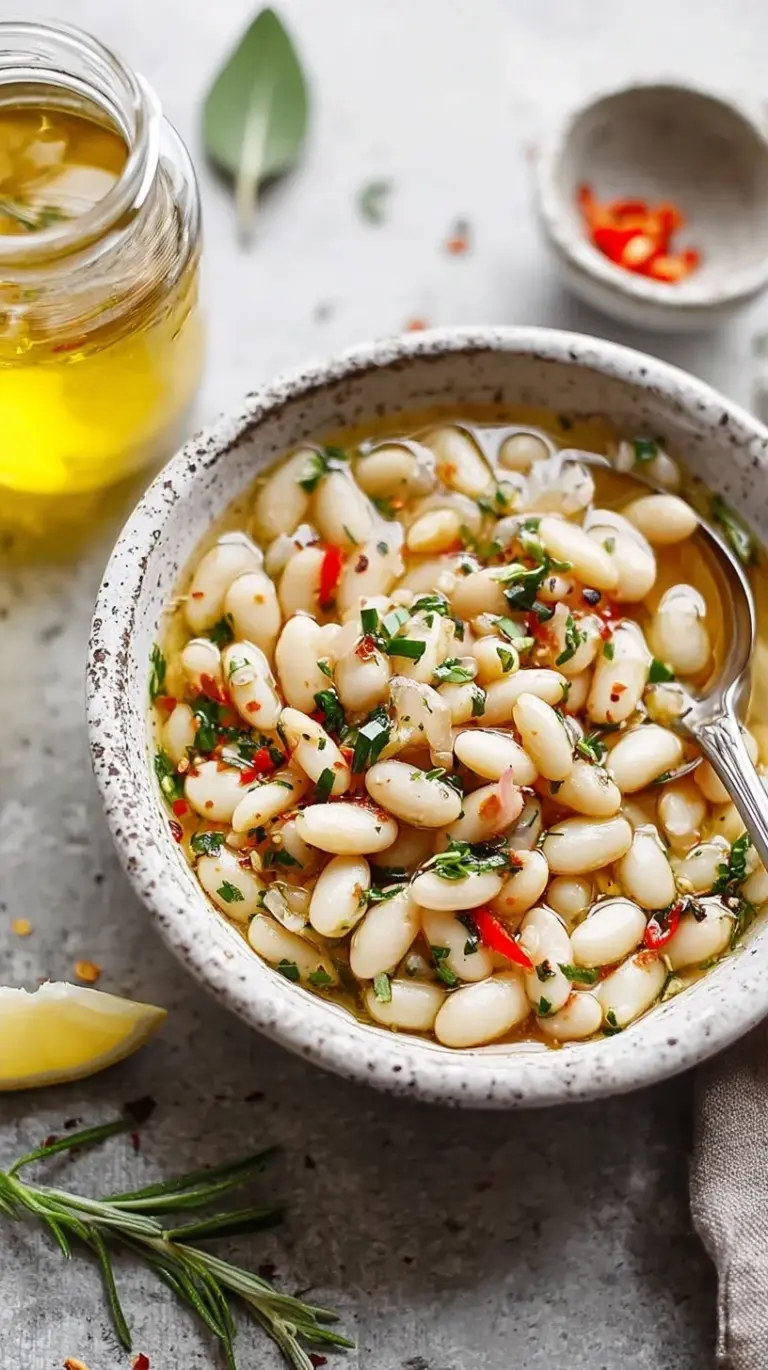 A bowl of creamy white cannellini beans tossed in a clear herb and olive oil dressing with red onions.