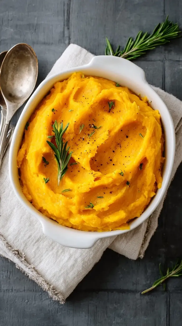 A bowl of smooth mashed butternut squash topped with a pat of melting butter and a sprinkle of nutmeg.