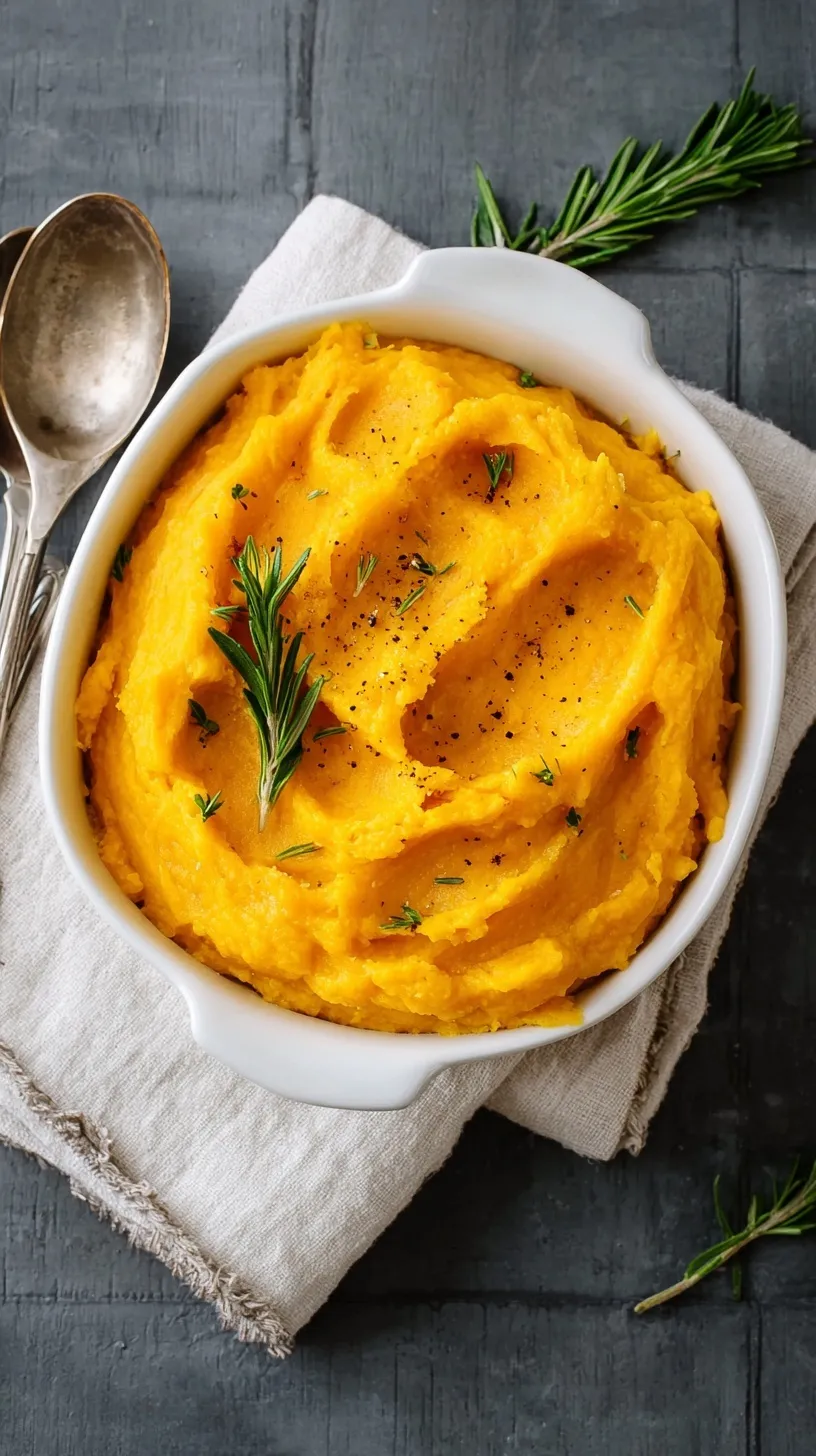 A bowl of smooth mashed butternut squash topped with a pat of melting butter and a sprinkle of nutmeg.