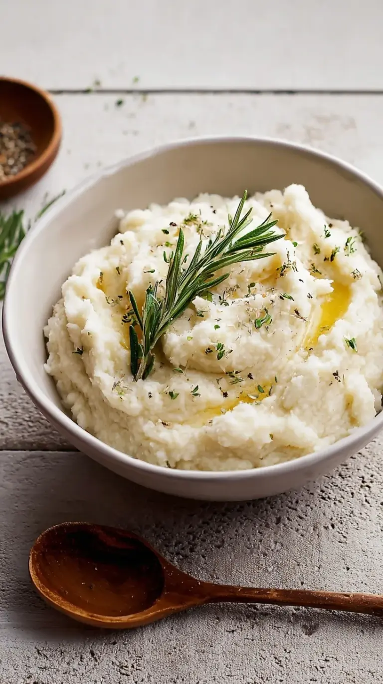 A bowl of smooth, creamy mashed cauliflower topped with melted butter and fresh herbs.