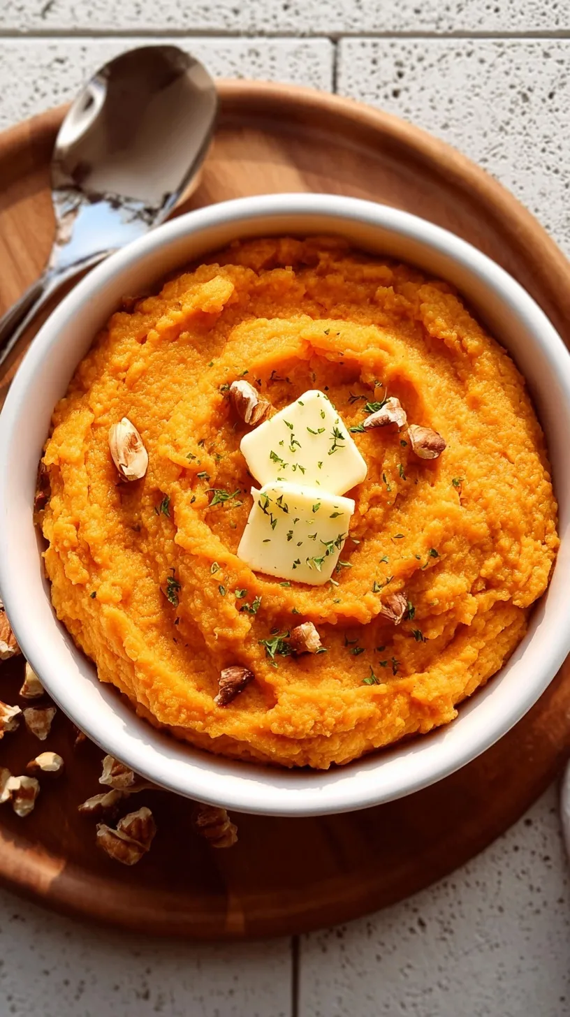 Bowl of creamy mashed sweet potatoes garnished with butter and fresh herbs