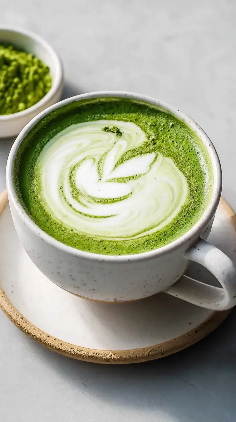 A vibrant green matcha latte in a ceramic mug with soft foam on top