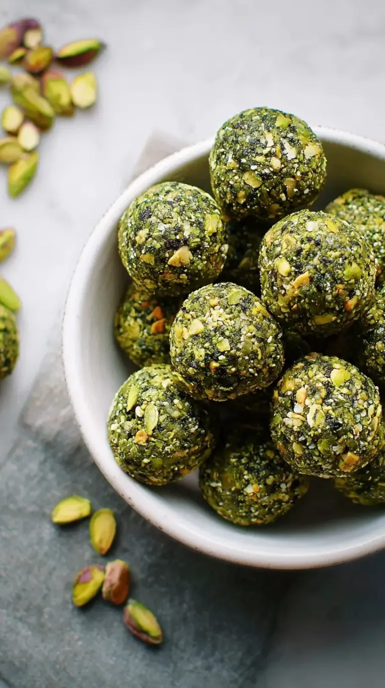 Vibrant green matcha pistachio energy balls coated in fine matcha powder on a white plate.