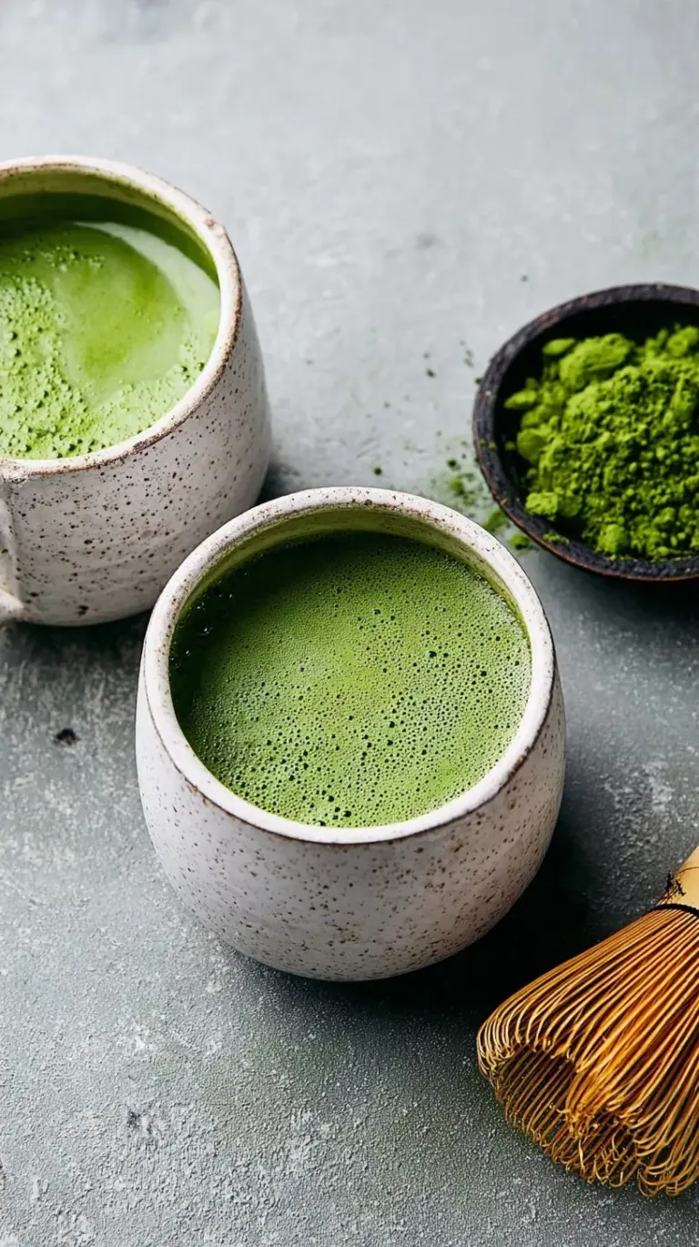 A vibrant green bowl of frothy traditional matcha tea with a bamboo whisk on the side