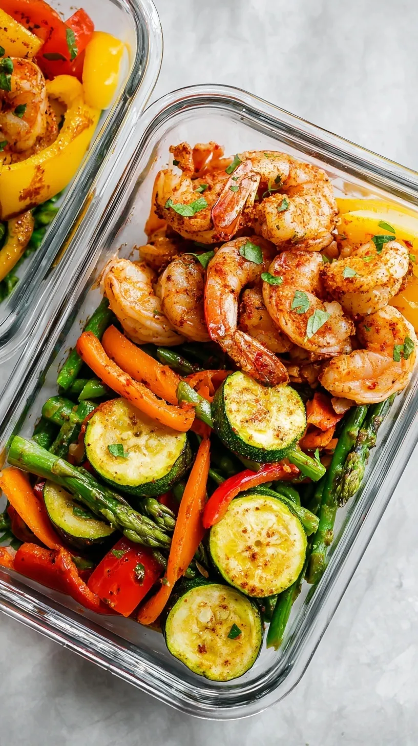 A sheet pan filled with roasted Cajun shrimp, bell peppers, zucchini, and red onions with lemon wedges.