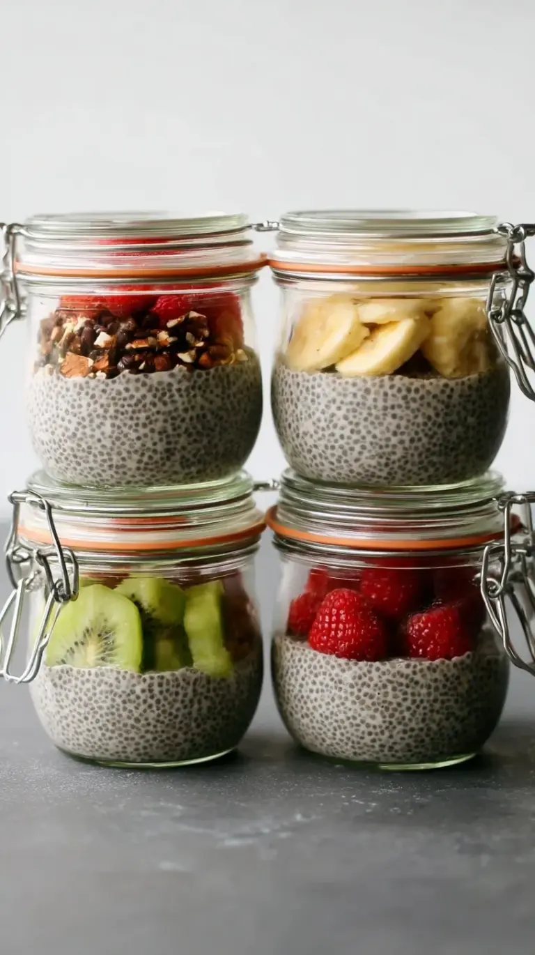 Four glass jars filled with creamy chia pudding topped with fresh berries and cinnamon.