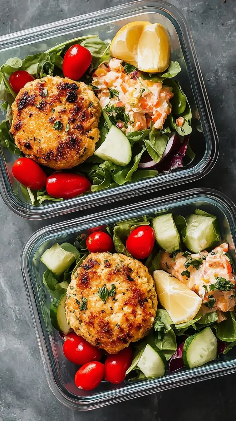 Four glass meal prep containers filled with golden chicken patties and a colorful cucumber tomato salad.