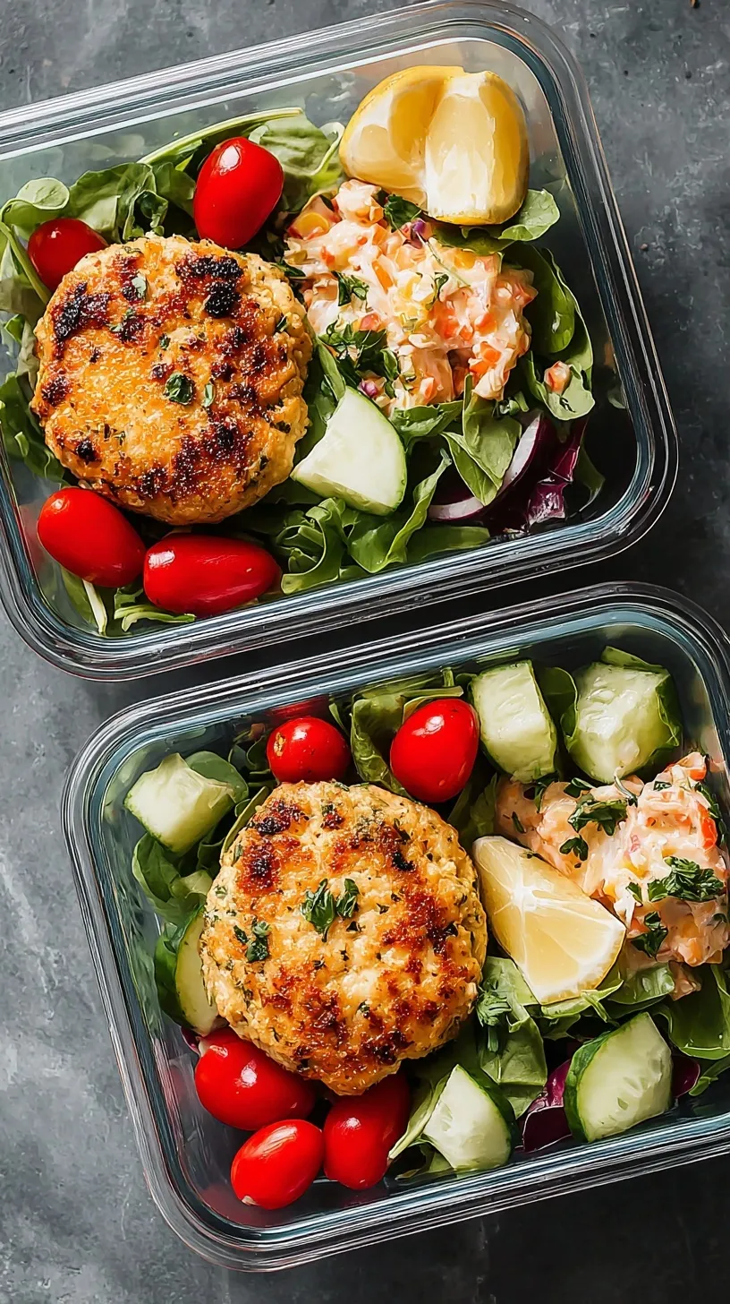 Four glass meal prep containers filled with golden chicken patties and a colorful cucumber tomato salad.