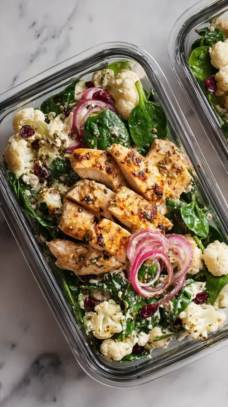 Meal prep containers filled with grilled chicken, roasted cauliflower, and fresh baby spinach