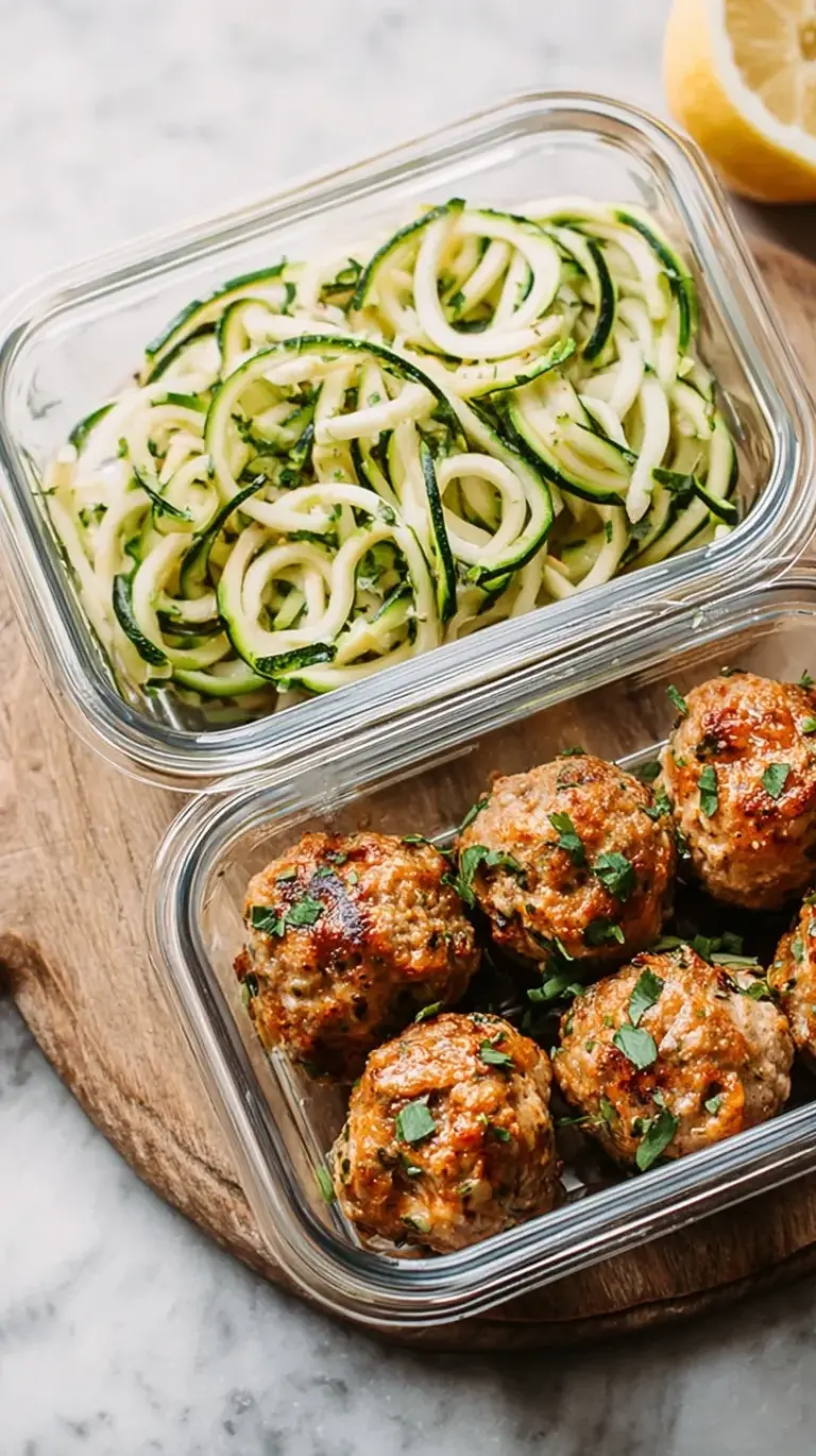 Golden brown chicken meatballs tossed with green zucchini noodles in a garlic butter sauce