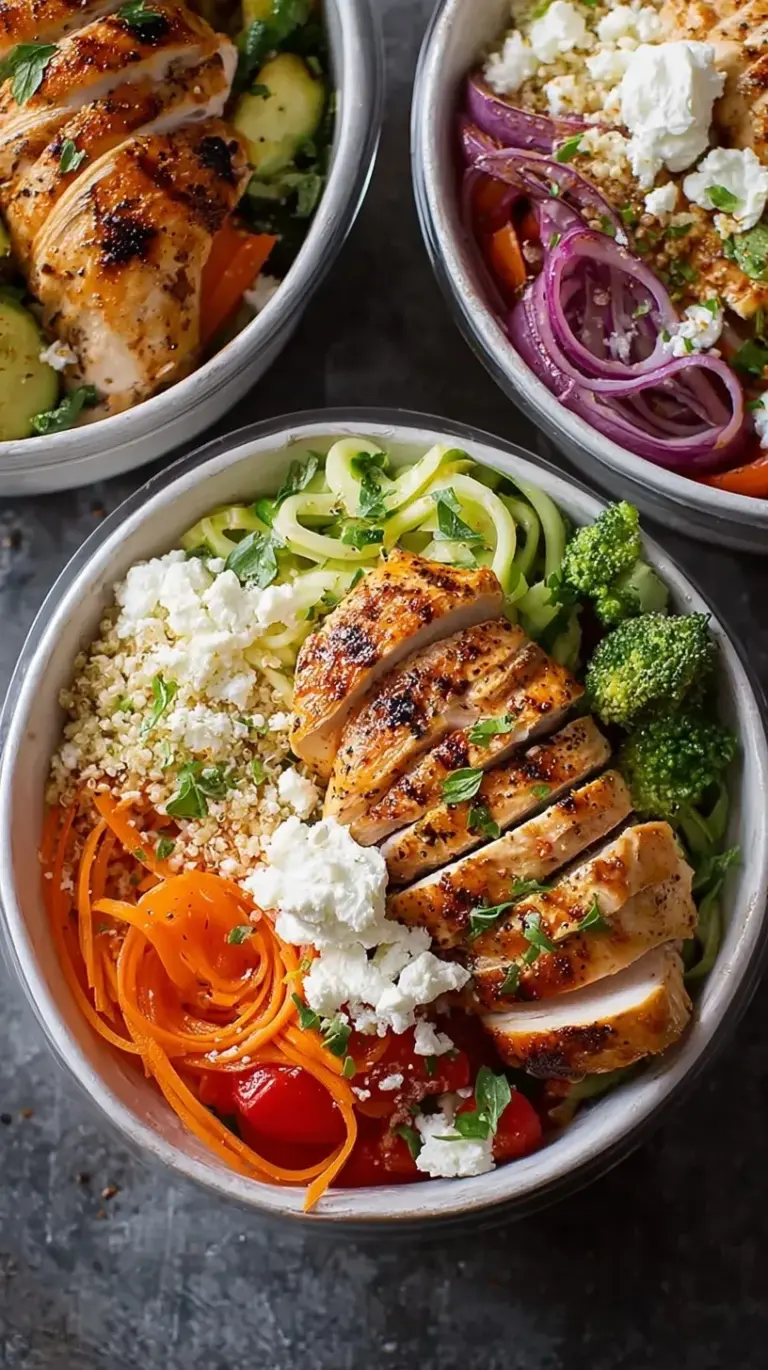 Four glass meal prep containers filled with grilled chicken, zucchini, bell peppers, and brown rice.