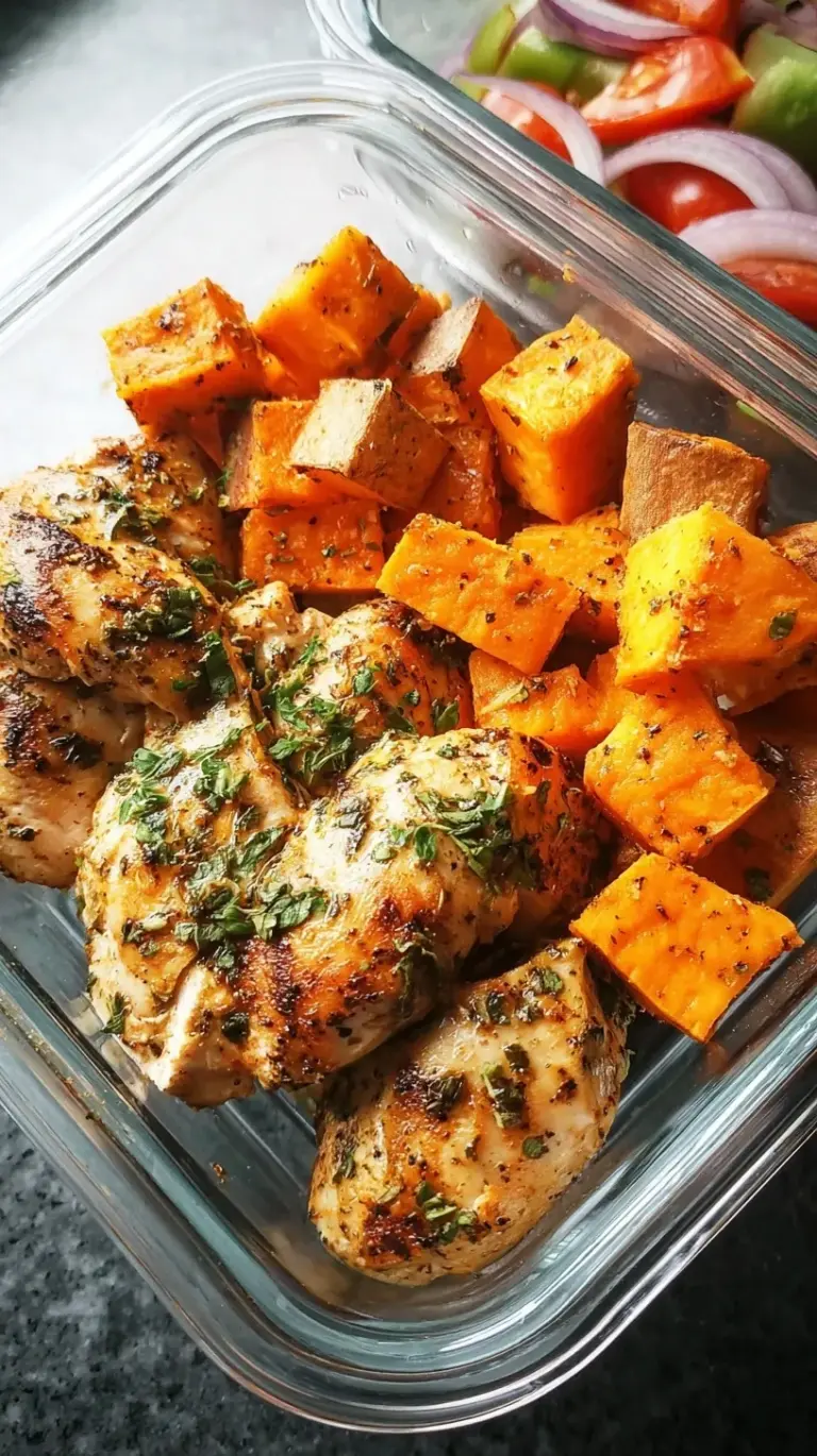 A row of four glass meal prep containers filled with roasted chicken, sweet potatoes, and charred broccoli.