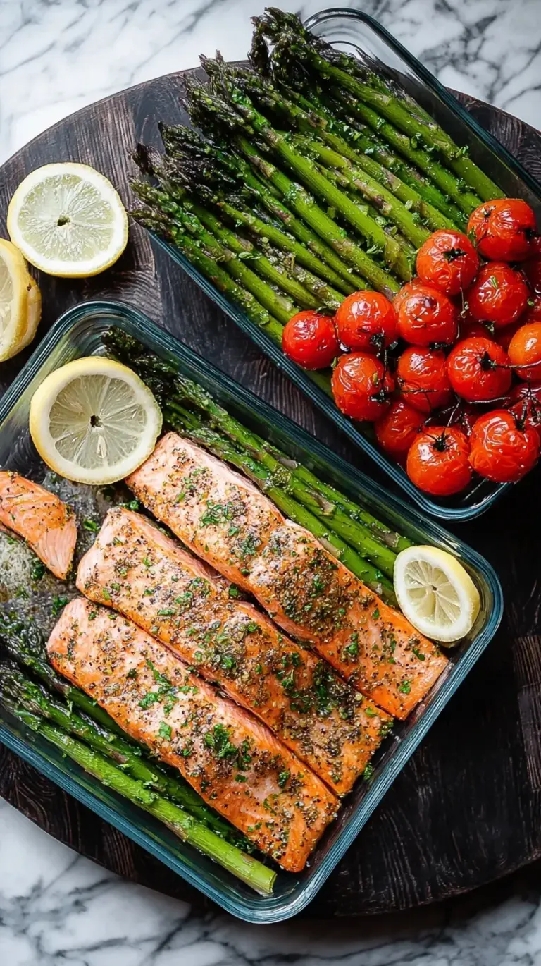 Two glass meal prep containers filled with pan-seared salmon fillets and tender-crisp asparagus spears with lemon slices.