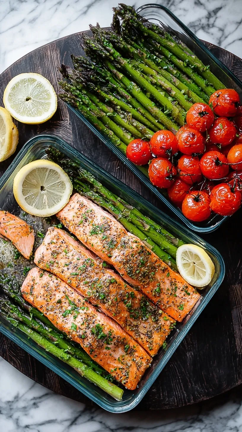 Two glass meal prep containers filled with pan-seared salmon fillets and tender-crisp asparagus spears with lemon slices.