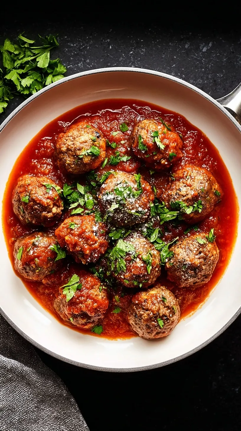 A plate of golden-brown homemade meatballs nestled in a rich tomato sauce, garnished with fresh basil and grated Parmesan cheese.