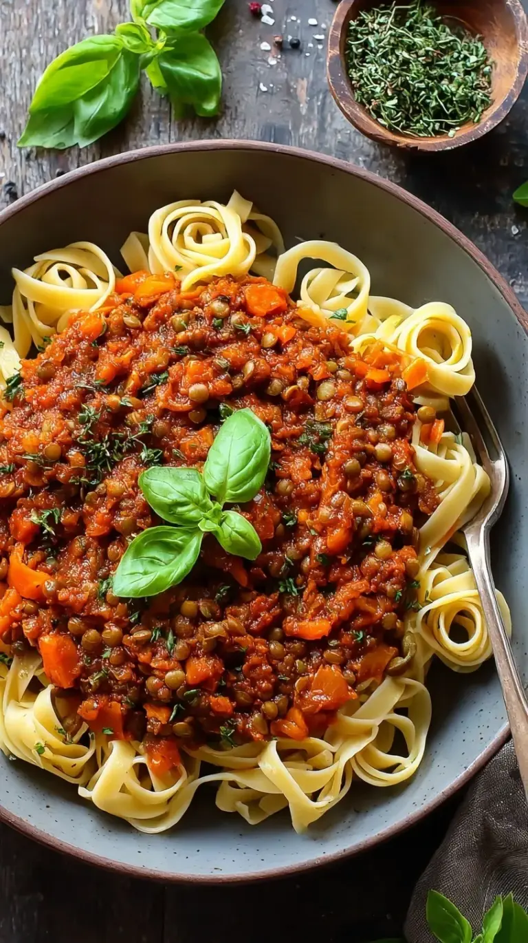 A bowl of pasta topped with thick lentil meatless bolognese and fresh parsley