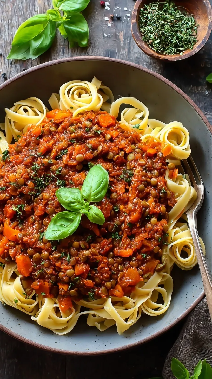 A bowl of pasta topped with thick lentil meatless bolognese and fresh parsley